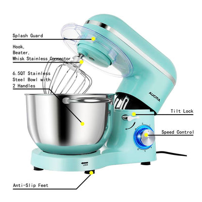 Aucma 6.5QT Stand Mixer with Upgraded Motor | 6-Speed Tilt-Head Electric Food Mixer 