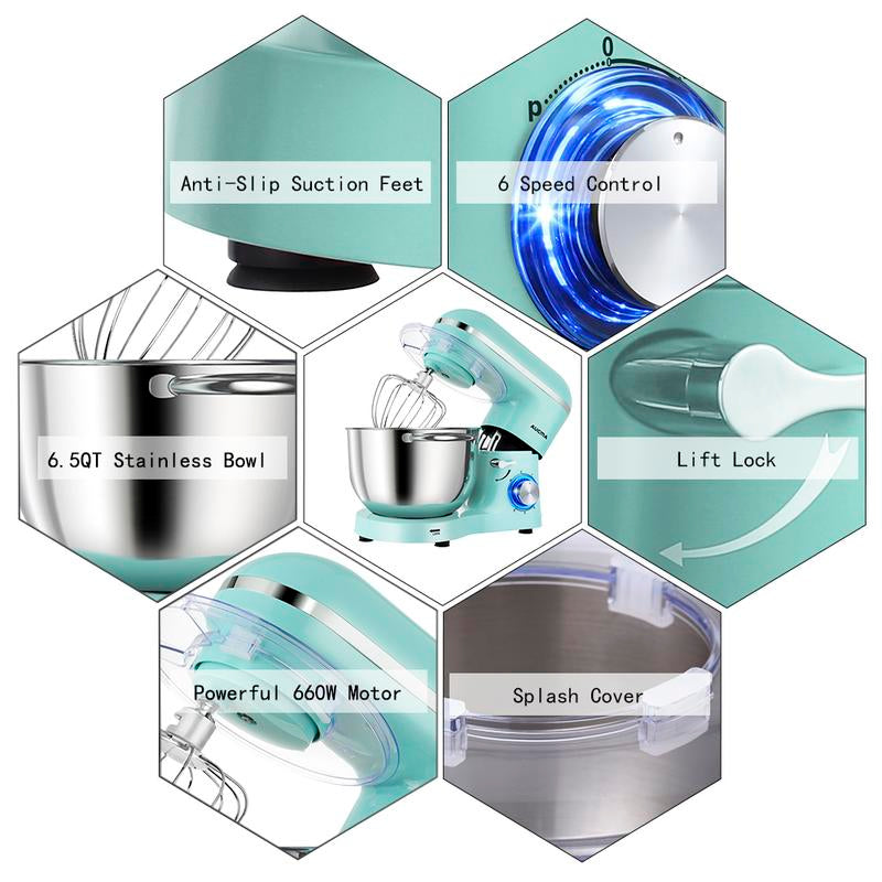 Aucma 6.5QT Stand Mixer with Upgraded Motor | 6-Speed Tilt-Head Electric Food Mixer 